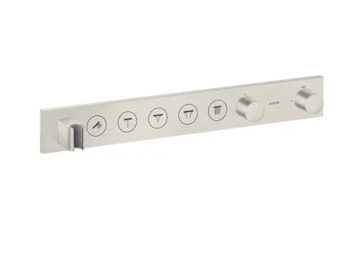Thermostatmodul von AXOR in Edelstahloptik mit Bedienelementen für verschiedene Verbraucher und Temperaturregler. Montage für Unterputz-Anwendungen vorgesehen.